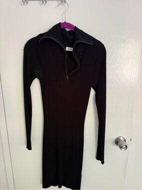 Black Long-Sleeve Ribbed Zip-Neck Dress